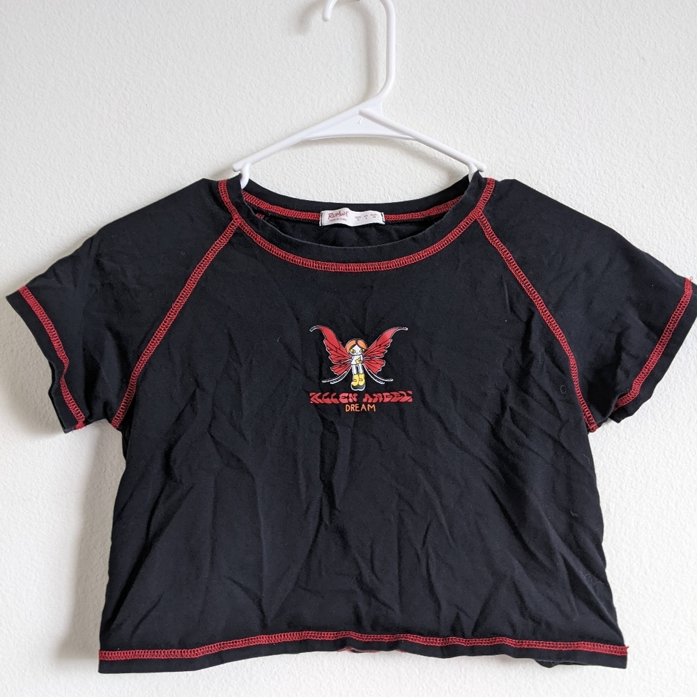 Like new black Romwe crop top with red trimming size small